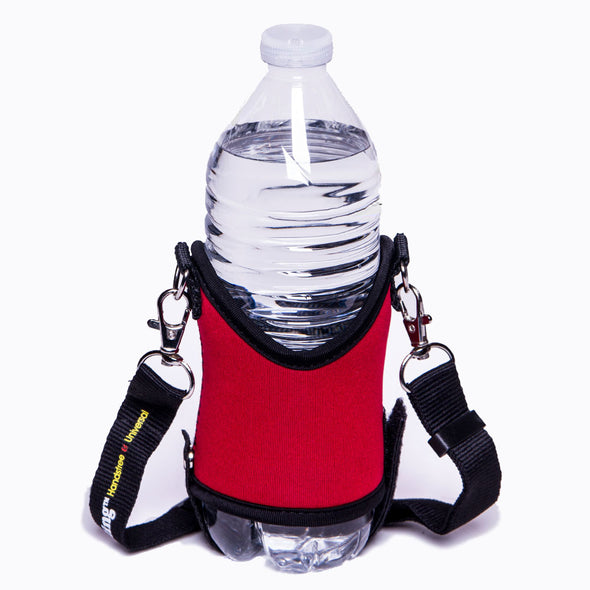 red water bottle and beverage holder for drinks