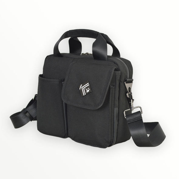 black weather-resistant organizer bag with wallet, beverage holder, tablet holder