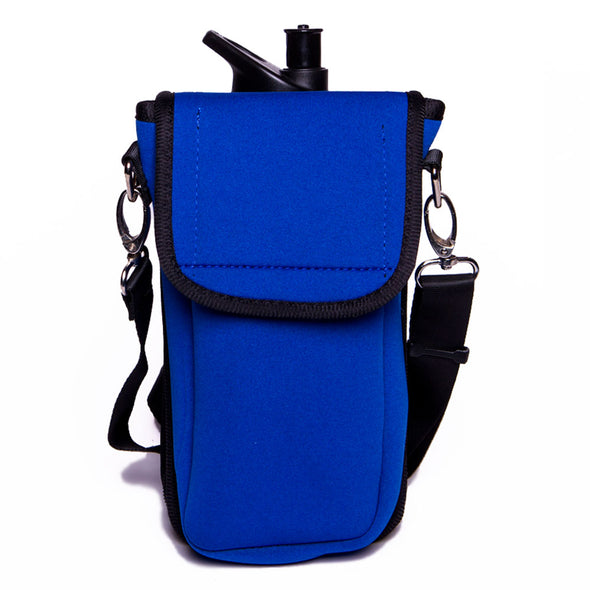 blue weatherproof beverage holder with crossbody strap