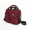 red messenger bag for everyday use with wallet, lots of pockets
